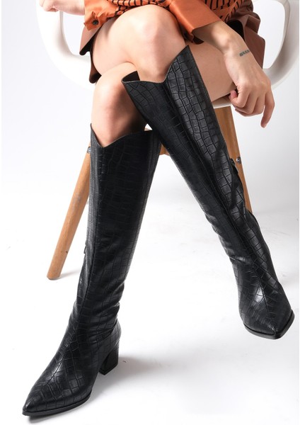 Siena Siyah Renk Krokodil Desenli Yandan Yarım Fermuarlı Ince Kürk Astarlı Kadın Topuklu Çizme