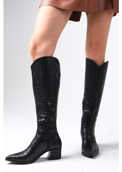 Siena Siyah Renk Krokodil Desenli Yandan Yarım Fermuarlı Ince Kürk Astarlı Kadın Topuklu Çizme fiyatları