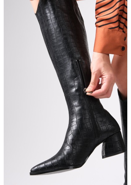 Siena Siyah Renk Krokodil Desenli Yandan Yarım Fermuarlı Ince Kürk Astarlı Kadın Topuklu Çizme modelleri