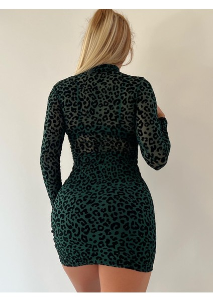 Leopar Transparan Üstlü Mini Elbise