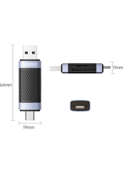 Type-C ve USB Sd Tf Dual Başlıklı Kart Okuyucu, Siyah, CD2D-AC2