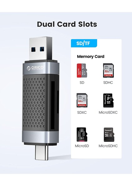 Type-C ve USB Sd Tf Dual Başlıklı Kart Okuyucu, Siyah, CD2D-AC2
