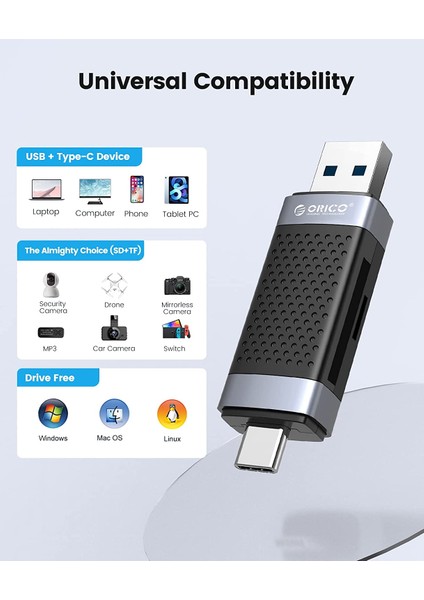 Type-C ve USB Sd Tf Dual Başlıklı Kart Okuyucu, Siyah, CD2D-AC2
