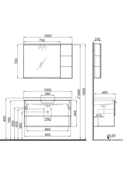 Trevi 100 cm Antrasit-Ceviz Banyo Dolabı Takımı