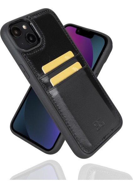Apple iPhone 14 Plus Uyumlu Deri Kartlıklı Arka Kapak Rst1 Siyah
