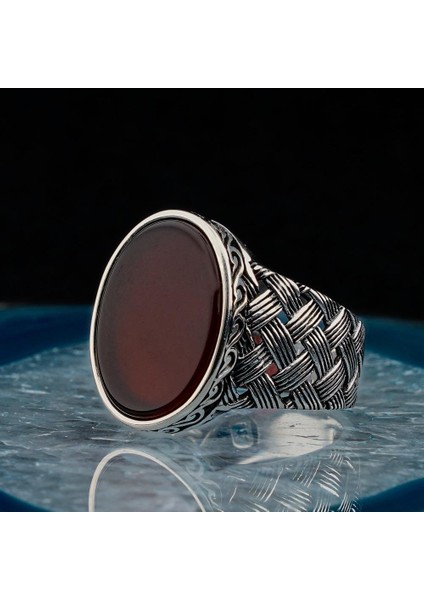 925 Ayar Gümüş Oval Kırmızı Akik Taşlı Örgü Desenli Erkek Yüzük modelleri