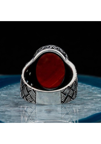 925 Ayar Gümüş Oval Kırmızı Akik Taşlı Örgü Desenli Erkek Yüzük fırsatları