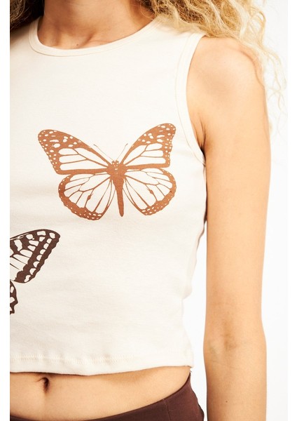 Butterfly - %100 Pamuk Baskılı Krem Atlet | 160585-1