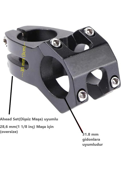 Hsgl Bisiklet Siyah Alüminyum Gidon Boğazı  30 mm 31.8-28.6 Bisiklet Gidon Boğazı Siyah