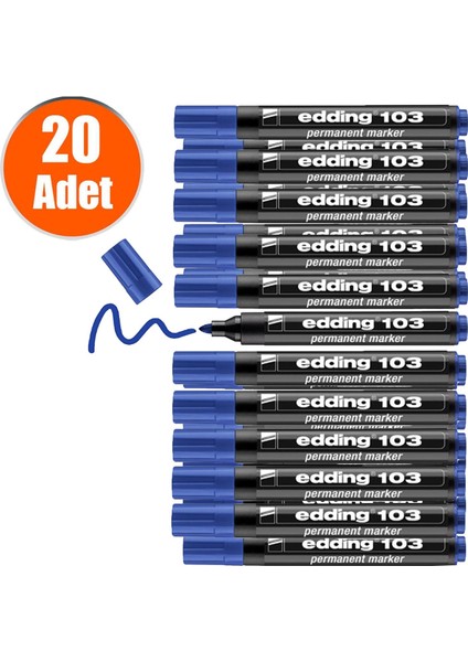 103 Kalıcı Işaretleyici Marker Mavi Kalem Metal Plastik Cam (20 Adet)