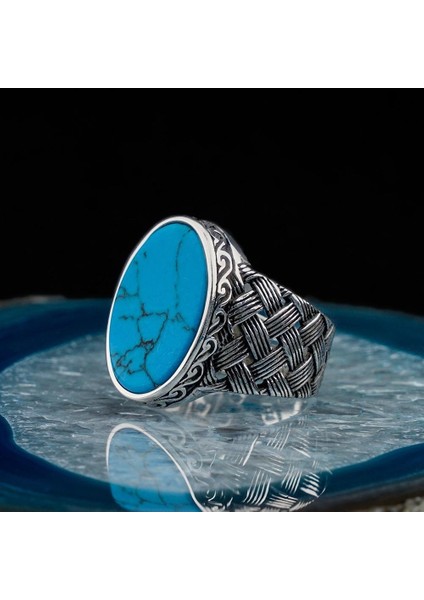 925 Ayar Gümüş Oval Firuze Taşlı Örgü Desenli Erkek Yüzük