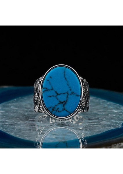 925 Ayar Gümüş Oval Firuze Taşlı Örgü Desenli Erkek Yüzük fiyatları