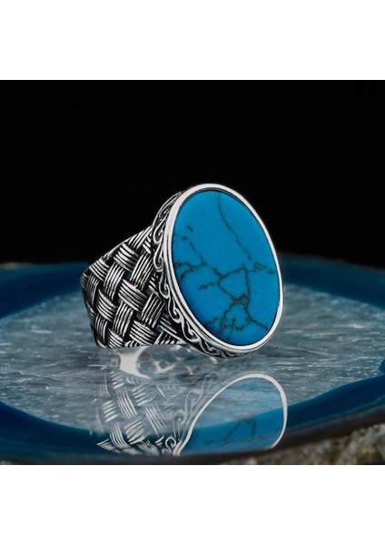 925 Ayar Gümüş Oval Firuze Taşlı Örgü Desenli Erkek Yüzük modelleri