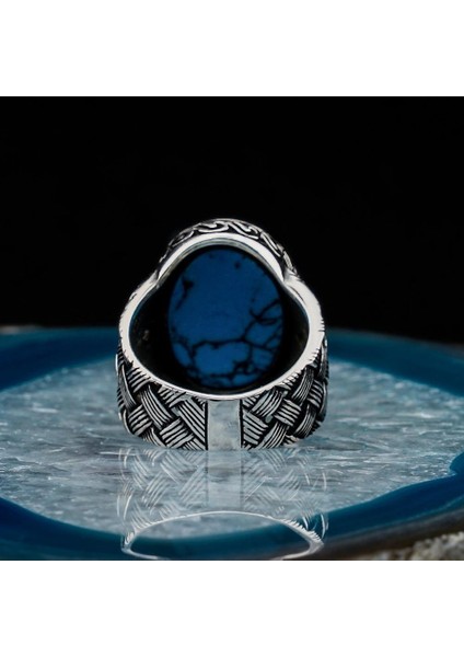 925 Ayar Gümüş Oval Firuze Taşlı Örgü Desenli Erkek Yüzük fırsatları