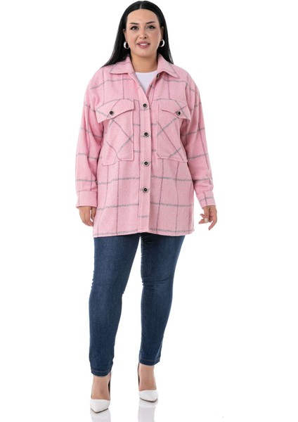 Büyük Beden Göğüste Büyük Cep Detaylı Balıksırtı Dokuma Pembe Ceket Gömlek