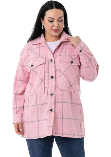 Büyük Beden Göğüste Büyük Cep Detaylı Balıksırtı Dokuma Pembe Ceket Gömlek