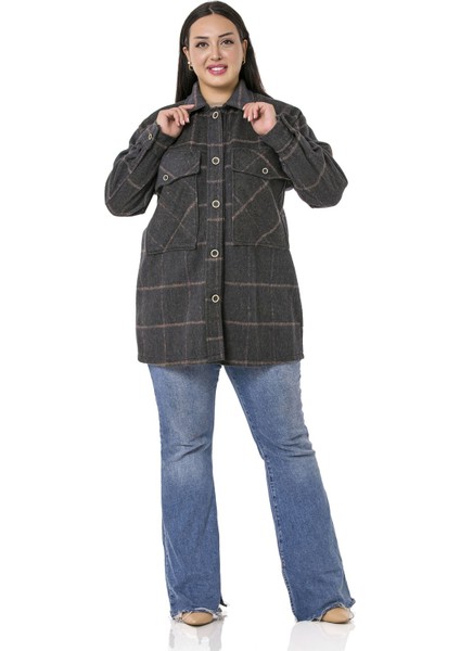 Büyük Beden Göğüste Büyük Cep Detaylı Balıksırtı Dokuma Haki Ceket Gömlek