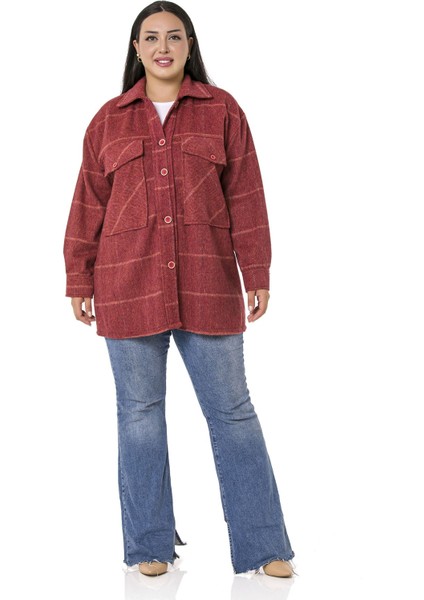 Büyük Beden Göğüste Büyük Cep Detaylı Balıksırtı Dokuma Bordo Ceket Gömlek