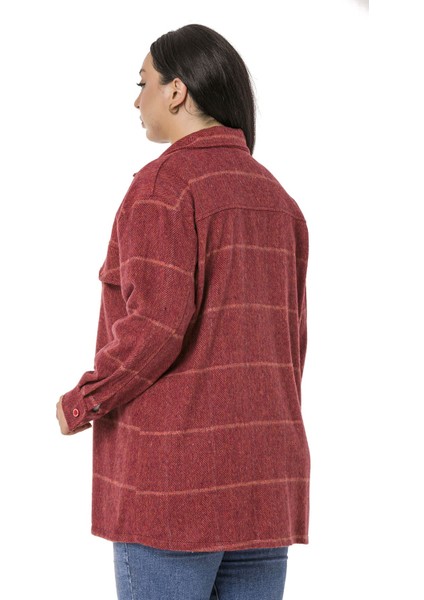 Büyük Beden Göğüste Büyük Cep Detaylı Balıksırtı Dokuma Bordo Ceket Gömlek modelleri