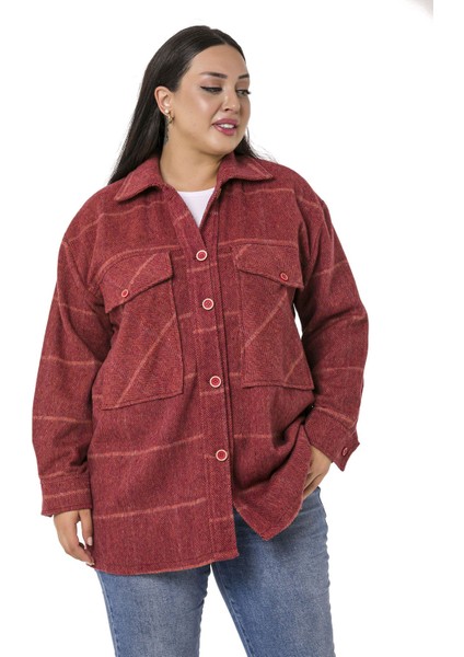 Büyük Beden Göğüste Büyük Cep Detaylı Balıksırtı Dokuma Bordo Ceket Gömlek fırsatları