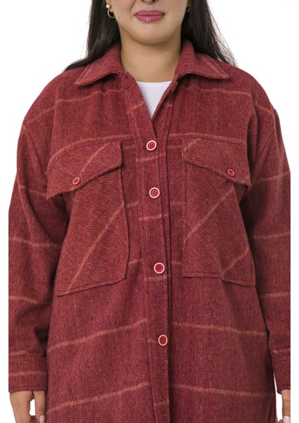 Büyük Beden Göğüste Büyük Cep Detaylı Balıksırtı Dokuma Bordo Ceket Gömlek indirimleri