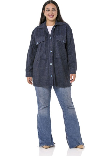 Büyük Beden Göğüste Büyük Cep Detaylı Balıksırtı Dokuma Lacivert Ceket Gömlek