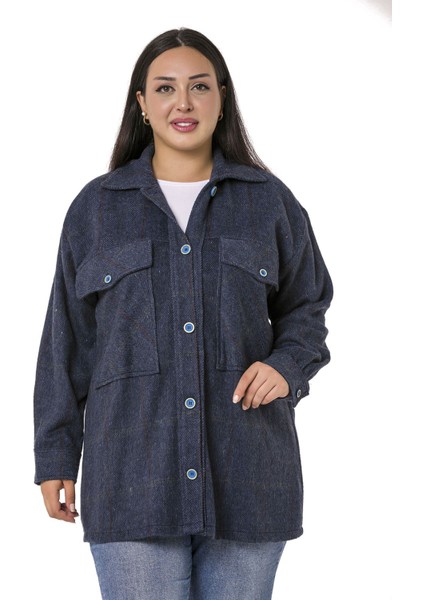 Büyük Beden Göğüste Büyük Cep Detaylı Balıksırtı Dokuma Lacivert Ceket Gömlek fiyatları