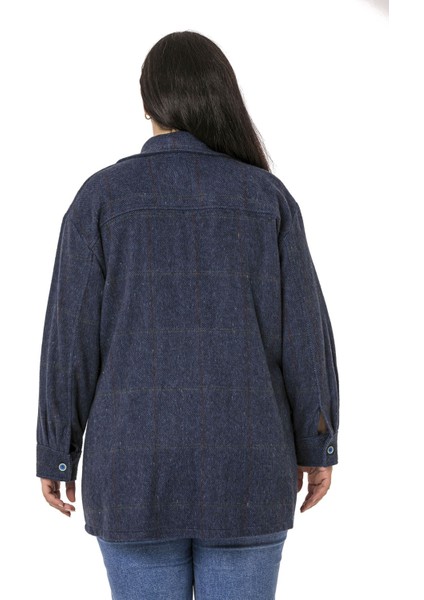 Büyük Beden Göğüste Büyük Cep Detaylı Balıksırtı Dokuma Lacivert Ceket Gömlek modelleri
