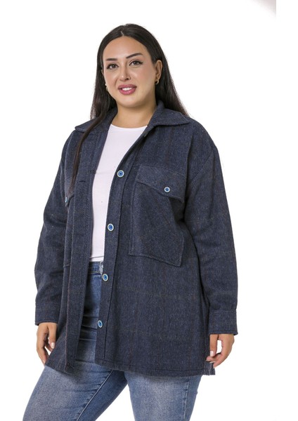 Büyük Beden Göğüste Büyük Cep Detaylı Balıksırtı Dokuma Lacivert Ceket Gömlek fırsatları