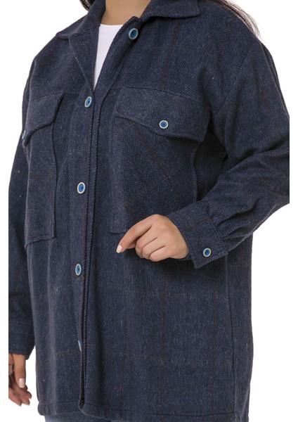 Büyük Beden Göğüste Büyük Cep Detaylı Balıksırtı Dokuma Lacivert Ceket Gömlek indirimleri
