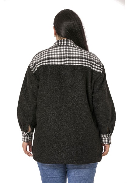 Büyük Beden Buklet ve Oduncu Kumaş Garnili Göğüsten Kapaklı Cepli Siyah Gri Ceket Gömlek modelleri