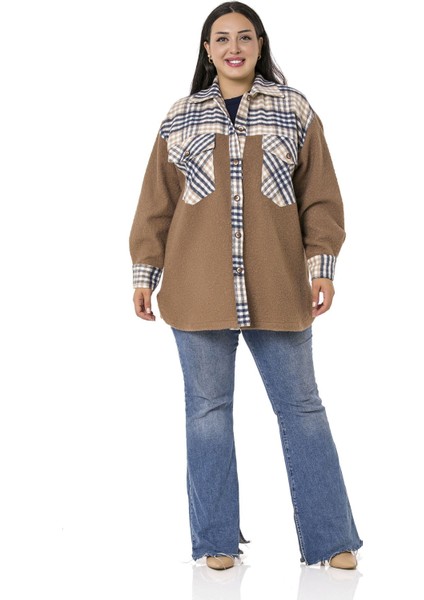 Büyük Beden Buklet ve Oduncu Kumaş Garnili Göğüsten Kapaklı Cepli Lacivert Vizon Ceket Gömlek