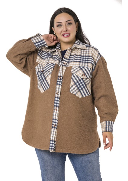 Büyük Beden Buklet ve Oduncu Kumaş Garnili Göğüsten Kapaklı Cepli Lacivert Vizon Ceket Gömlek fiyatları