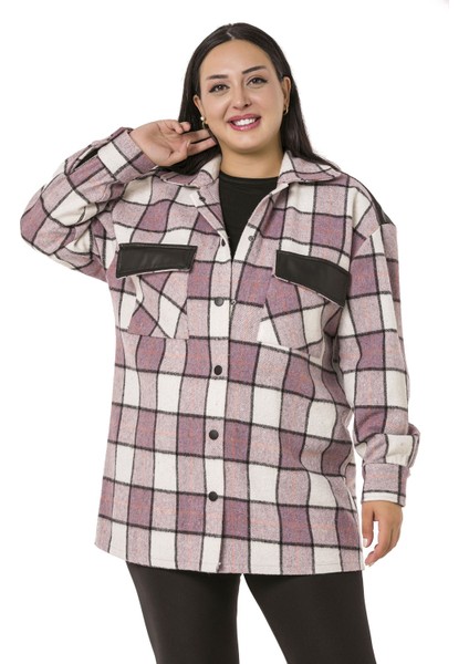 Büyük Beden Cep Kapakları ve Sırtı Deri Garnili Çıtçıtlı Ekose Lila Ceket Gömlek