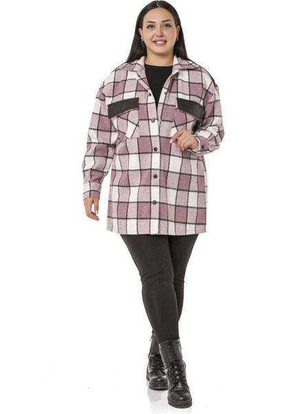 Büyük Beden Cep Kapakları ve Sırtı Deri Garnili Çıtçıtlı Ekose Lila Ceket Gömlek fiyatları