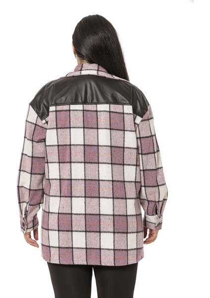 Büyük Beden Cep Kapakları ve Sırtı Deri Garnili Çıtçıtlı Ekose Lila Ceket Gömlek modelleri