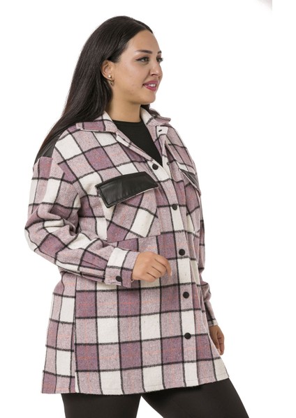 Büyük Beden Cep Kapakları ve Sırtı Deri Garnili Çıtçıtlı Ekose Lila Ceket Gömlek fırsatları