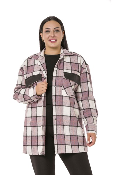 Büyük Beden Cep Kapakları ve Sırtı Deri Garnili Çıtçıtlı Ekose Lila Ceket Gömlek indirimleri
