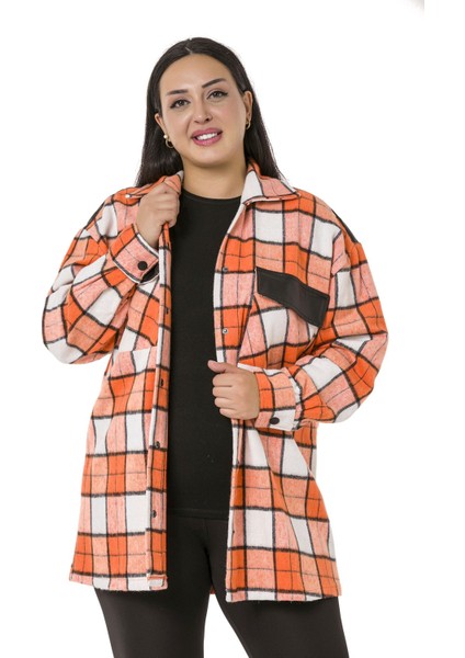 Büyük Beden Cep Kapakları ve Sırtı Deri Garnili Çıtçıtlı Ekose Turuncu Ceket Gömlek