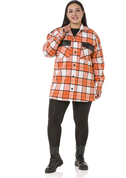 Büyük Beden Cep Kapakları ve Sırtı Deri Garnili Çıtçıtlı Ekose Turuncu Ceket Gömlek fiyatları