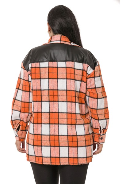 Büyük Beden Cep Kapakları ve Sırtı Deri Garnili Çıtçıtlı Ekose Turuncu Ceket Gömlek modelleri