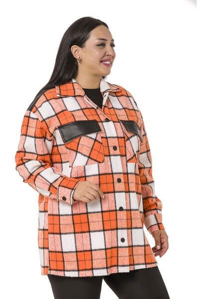 Büyük Beden Cep Kapakları ve Sırtı Deri Garnili Çıtçıtlı Ekose Turuncu Ceket Gömlek fırsatları