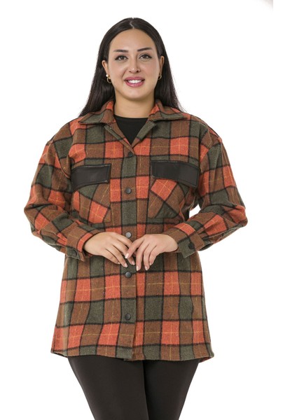 Büyük Beden Cep Kapakları ve Sırtı Deri Garnili Çıtçıtlı Ekose Haki Ceket Gömlek