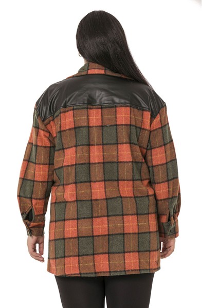 Büyük Beden Cep Kapakları ve Sırtı Deri Garnili Çıtçıtlı Ekose Haki Ceket Gömlek modelleri