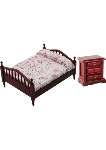 1:12 Dollhouse Ahşap Vintage Style Çift Yatak Gece Seçme Mobilya Dekoru (Yurt Dışından)