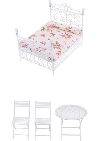 4 Adet 1/12 Dollhouse Mini Metal Masa ve Avrupa Retro Yatak Seti (Yurt Dışından)