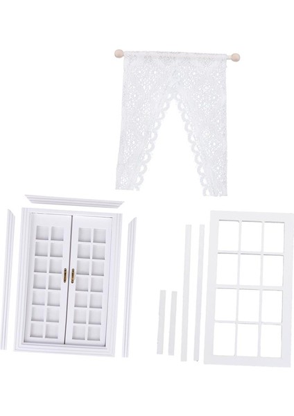 1/12 Bebek Ev Minyatür Beyaz Ahşap Çift Kapı ve Pencere W/ Perde Dıy (Yurt Dışından)