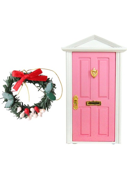 Minyatür Pembe Ahşap Çan Kulesi Kapı ve 1:12 Bebek Evi Dekoru Için Noel Çelengi (Yurt Dışından)