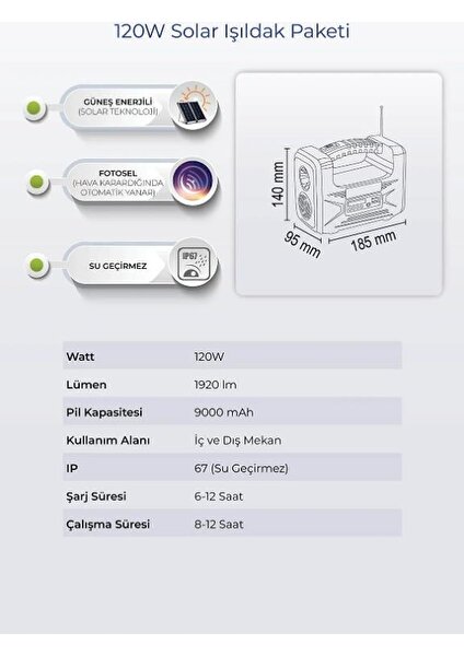 AYT Çözüm 120 W Solar Güneş Enerjili Işıldak Paketi Radyolu Işıldaklı Güneş Panelli