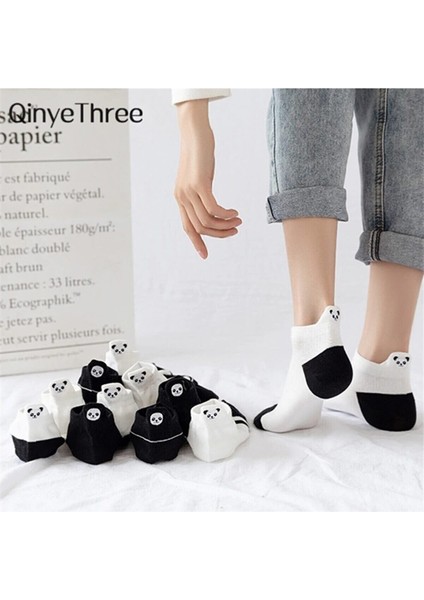 Meguca Socks Kadın Siyah Beyaz Panda Desenli Nakışlı Patik Çorap Seti 5 Çift